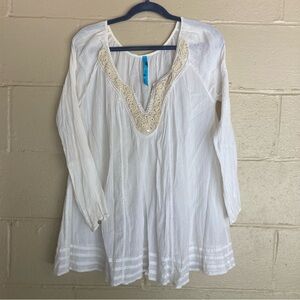 FREE PEOPLE Coastal Boho Beachy Embroidered Tunic Top Cover Up Gauze Sz S P